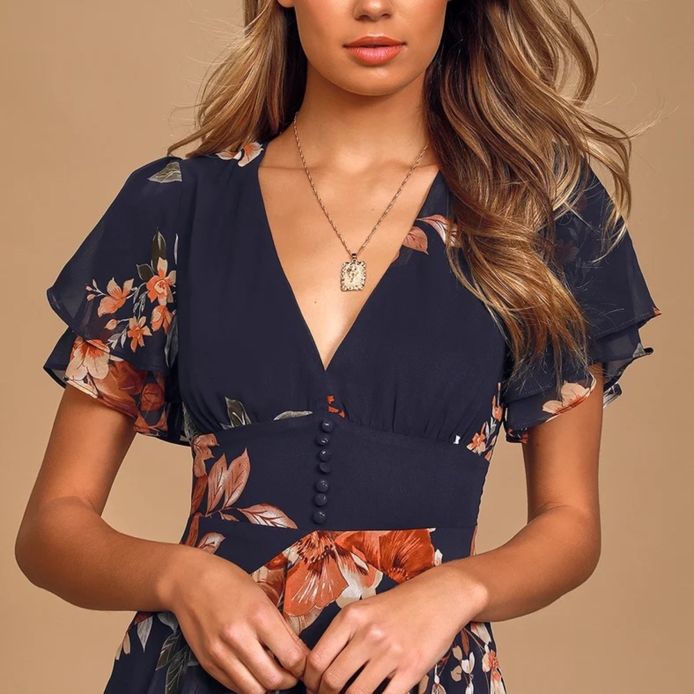 Lulu’s Midnight Mood Navy Blue Floral Print Tiered Maxi Dress Size L